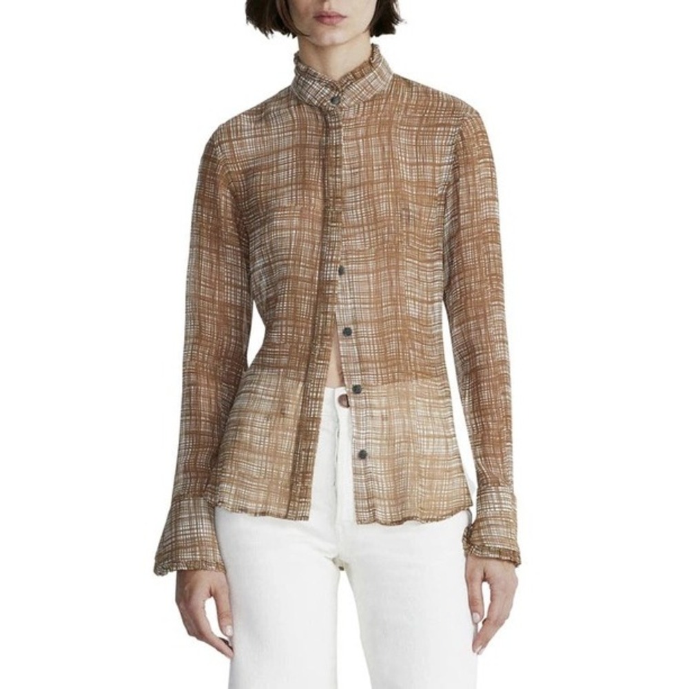 Rag & Bone Women's Jordan Print Silk Sheer Top Tan Small